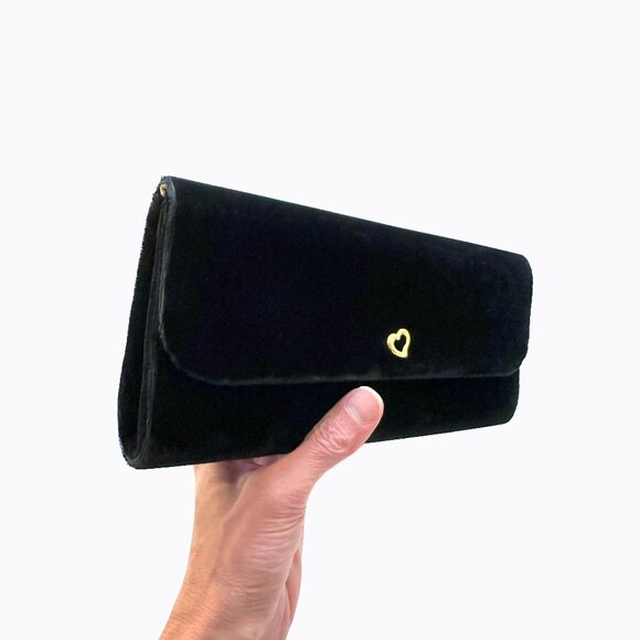 Victoria's Secret Black Velvet Clutch Evening Bag Gold Heart Whimsigoth Y2K 90s - Picture 2 of 8